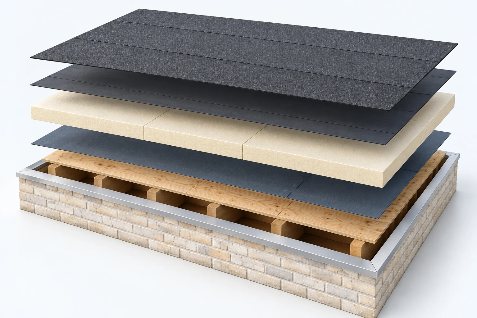 Opengewerkte render van een bitumen dak met de verschillende materiaallagen