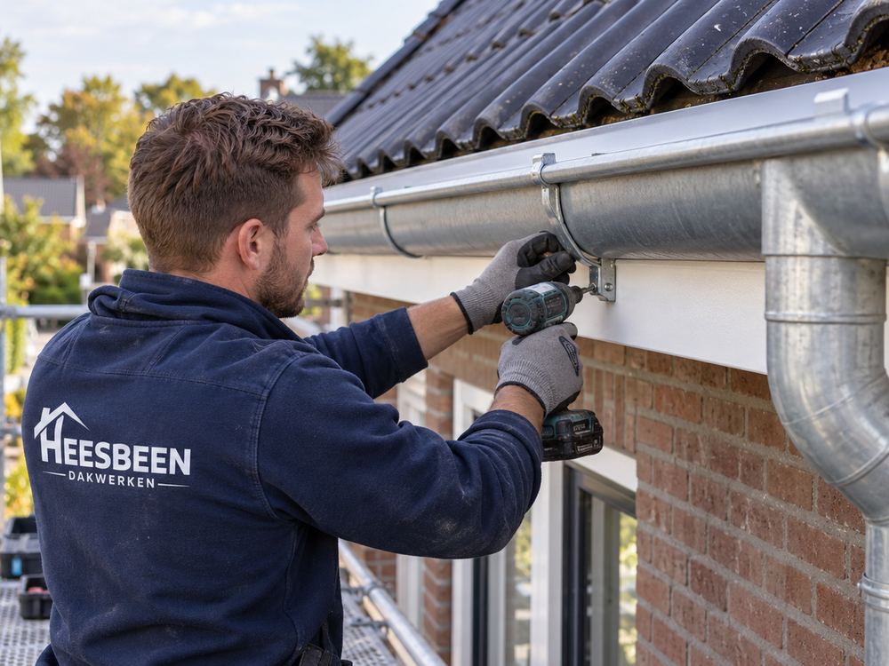 Dakdekker bevestigt een nieuwe dakgoot aan de gevel