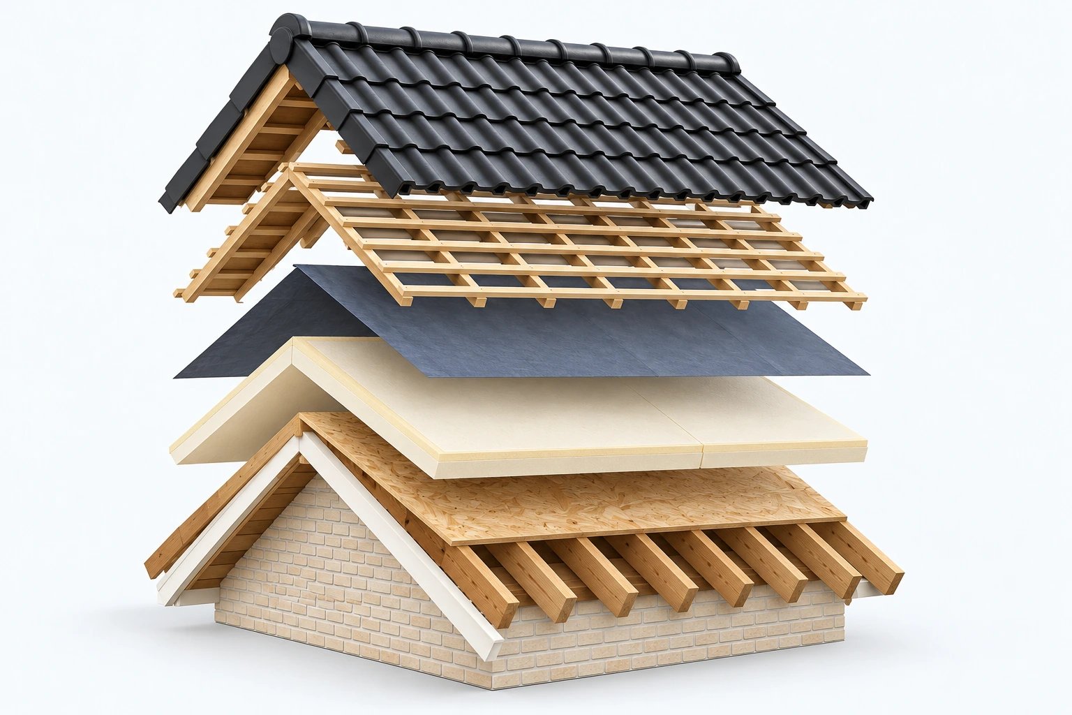 Opengewerkte render van een pannendak met de verschillende materiaallagen